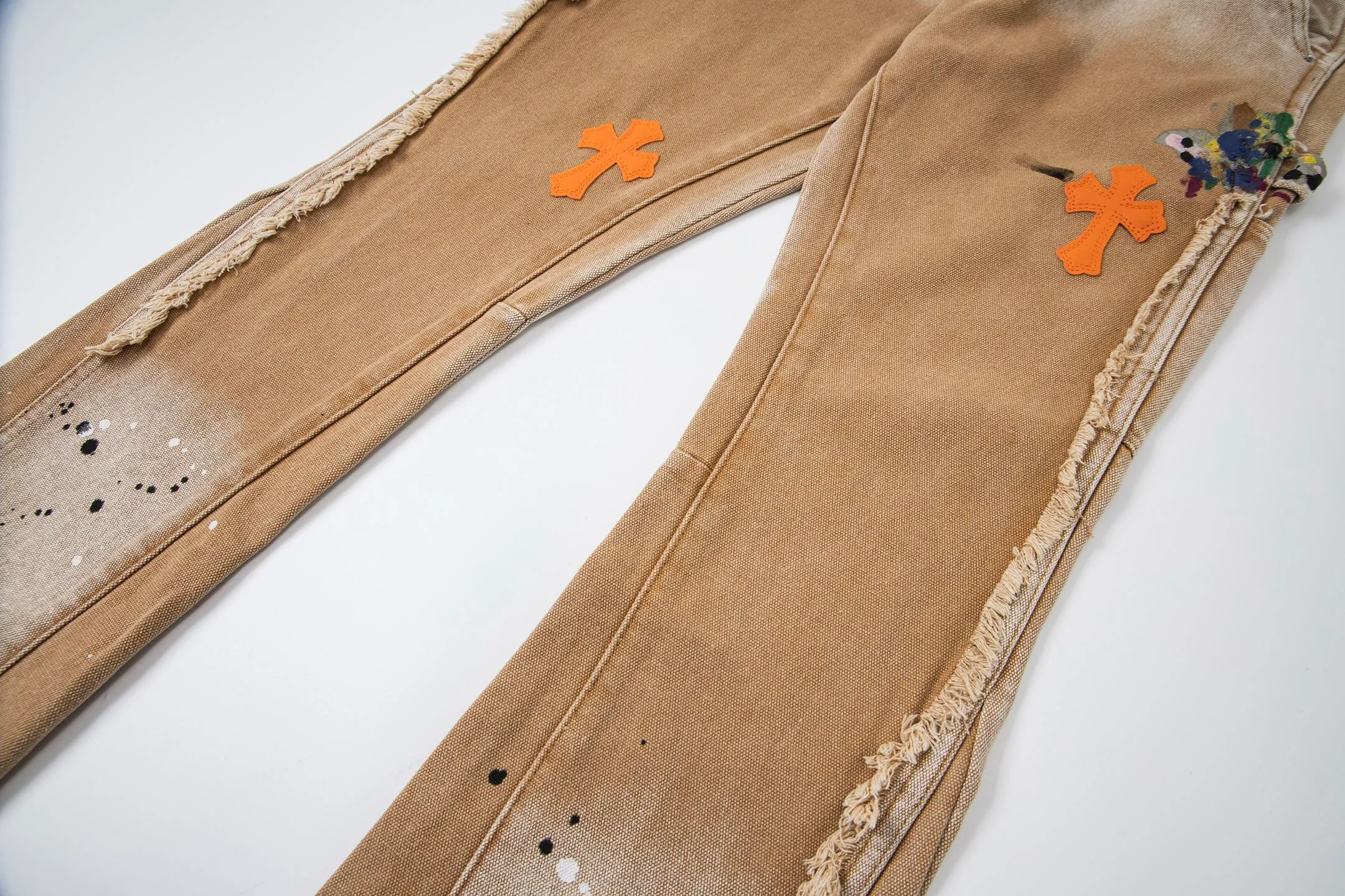 #8200 P260💰 Independent GALLERY DEPT. Vintage splash-ink splicing khaki orange cross loose washed flared jeans - truly restore the ultimate vintage texture - original hardware accessories washed and other elevators, QR code analysis are all purchased from the original factory, high degree of restoration, you are welcome to compare with certain products ~ - three-dimensional version Loose and comfortable, not picky about the figure, tall and slim, factory Seiko, original quality control, same style for men and women, can be matched with couples, versatile recommendation Essential jeans for all seasons - sizes: 28 30 32 34 36